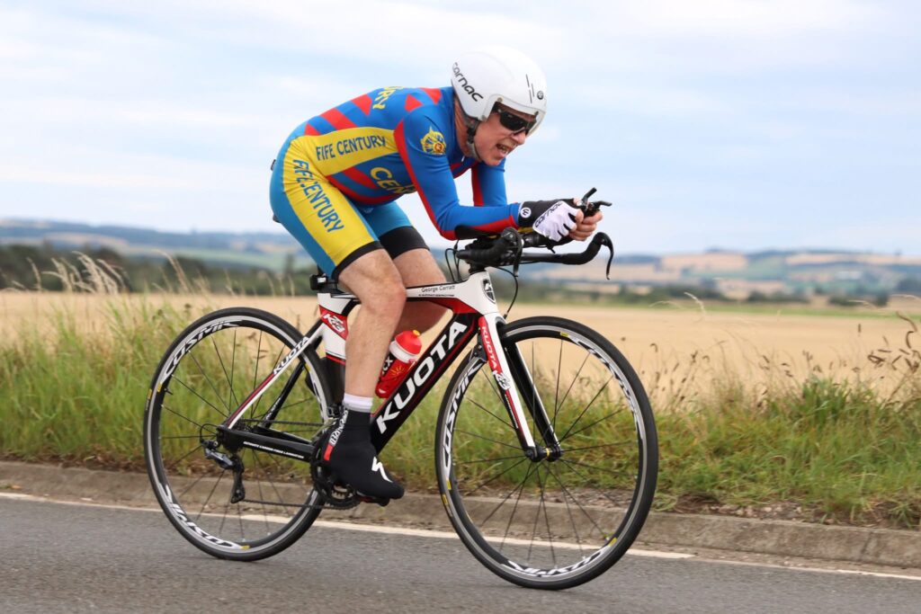A Fife Century Road Club member racing a time trail bike at the FCA Loch Leven event