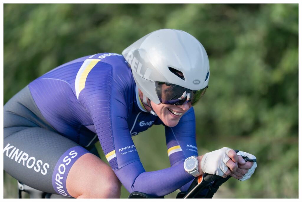 A Kinross Cycling Club member racing a time trial bike at a Fife Cycling Association event