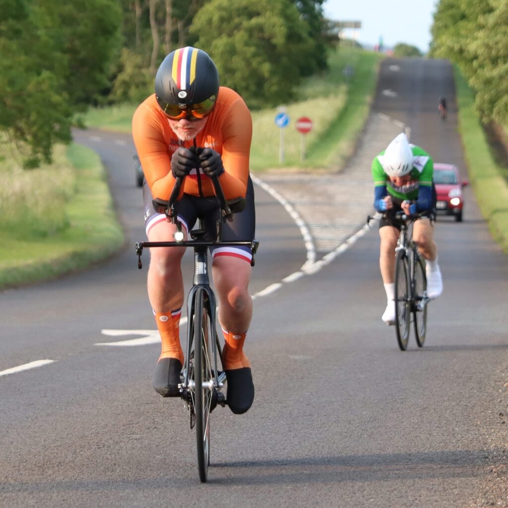 A Dundee Thistle Cycle Club member racing a Fife Cycling Association event near Milnathort