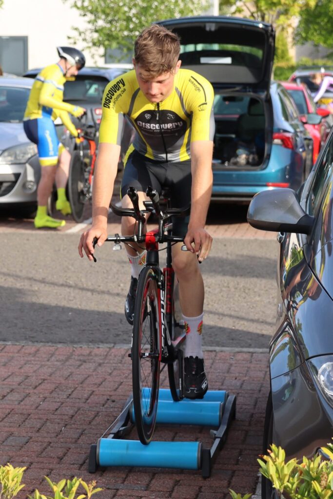A Discovery Junior Cycling Club member warming up for an FCA time trial event