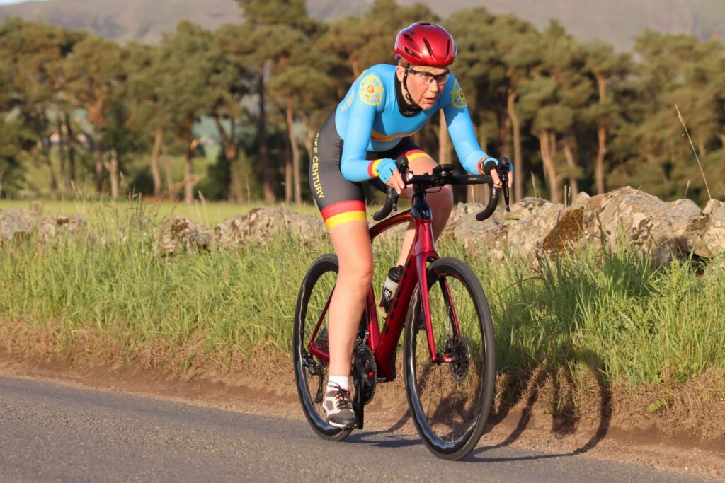 A Fife Century Road Club member racing a road bike at an FCA Midweek time trial event at Kinross