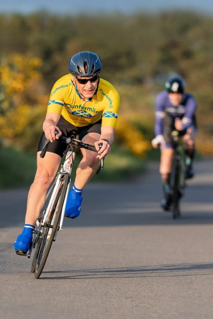 A Dunfermline Cycling Club member racing at an FCA Midweek Time Trial event at Freuchie